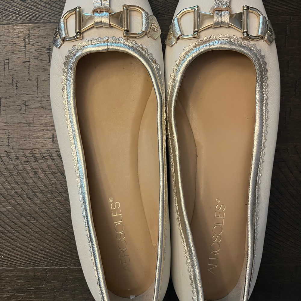 AEROSOLES Cream Gold Flats with Horsebit Detail